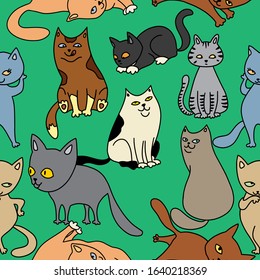 Seamless pattern with various cats. Cute funny design for decorating children's things. Bright vector illustration.