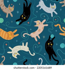 Seamless pattern with various cats playing with ball of yarn