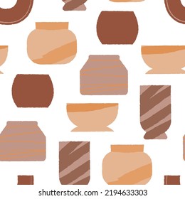 Seamless pattern with various ceramic vases and textured pottery. Vector background. Hygge concept