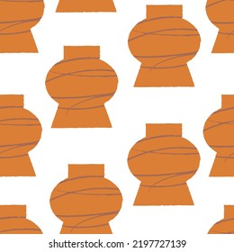 Seamless pattern with various ceramic vases and textured pottery. Vector background. Hygge concept	