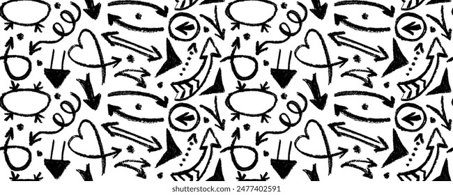 Seamless pattern with various charcoal arrows brush hand drawn. Seamless abstract geometric pattern in sketchy grunge style.Direction pointers, group of chalked arrows. Vector doodle marker drawing.
