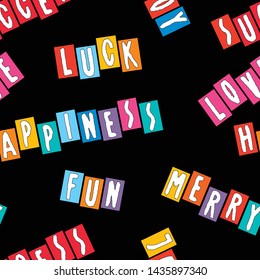 Seamless pattern of various cheerful words from colorful drawn letters