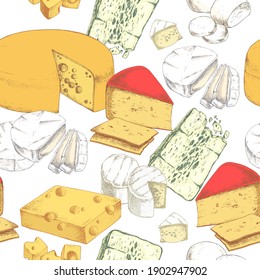 Seamless Pattern with various cheese products. Dairy products. For printing wrapping paper, packaging, fabric. Hand Drawn vector illustration.