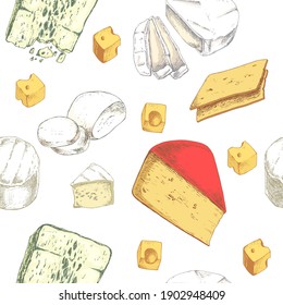 Seamless Pattern with various cheese products. Dairy products. For printing wrapping paper, packaging, fabric. Hand Drawn vector illustration.
