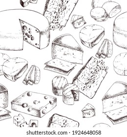 Seamless Pattern with various cheese products. Dairy products. For printing wrapping paper, packaging, fabric. Hand Drawn vector illustration.