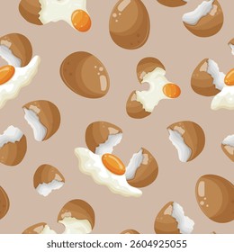 seamless pattern with various chicken eggs, namely with broken eggs, eggshells and an egg that spreads on a brown background, for various advertising banners and advertisements