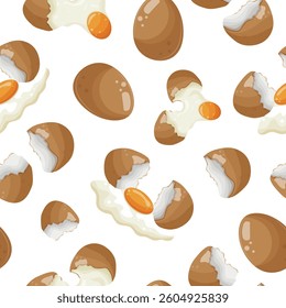 seamless pattern with various chicken eggs, namely with broken eggs, eggshells and a spreading egg, for various advertising banners and advertisements
