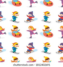 Seamless pattern with various children go in for winter sports. Active spending winter time. School kids with ski, sledges, skates. Funny texture on white background. Flat vector illustration