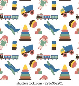 Seamless pattern with various children toys. Texture, ornament with kindergarten eco toys - airplane, pyramid, wooden blocks and others. Decoration, cartoon wallpaper. Flat vector illustration