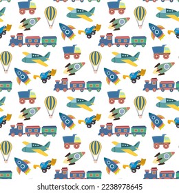 Seamless pattern with various children toys. Texture, ornament with preschooler toys - airplane, rockets, trucks and others transport. Decoration, cartoon wallpaper. Flat vector illustration