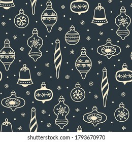 Seamless pattern with various Christmas decorations doodles in navy blue and golden