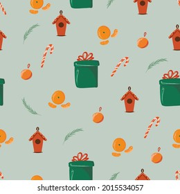 Seamless pattern with various Christmas elements, bright texture on a Christmas theme, hand-drawn cartoon style, stylish and simple illustration, background with gifts, vector print for printing