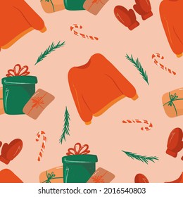 Seamless pattern with various Christmas elements, bright texture on a Christmas theme, hand-drawn cartoon style, stylish and simple illustration, background with gifts, vector print for printing