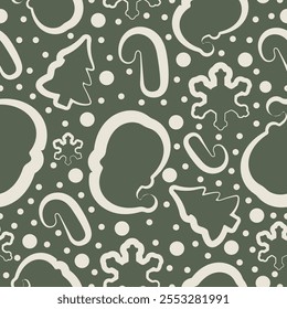 seamless pattern with various Christmas icons, namely Christmas trees, Santas, candies and snowflakes on a green background