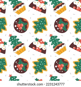 Patrón sin inconvenientes con varios dulces navideños, pudding, quequito, galleta de árbol de abeto. Coloridos símbolos de Año Nuevo. Estilo minimalista plano dibujado a mano