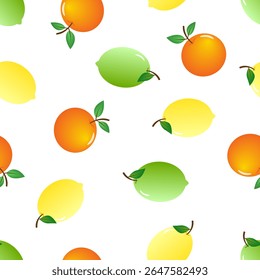 Seamless pattern of various citrus fruits including lemons, oranges, and limes,  on white background. Often used for various decorative purposes.