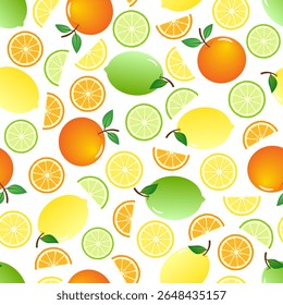 Seamless pattern of various citrus fruits including lemons, oranges, and limes, on white background. Often used for various decorative purposes.