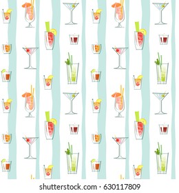 seamless pattern of various classic cocktails and stripes. Retro style vector illustration.