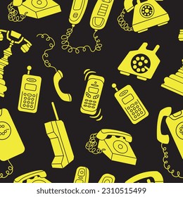 Nahtloses Muster mit verschiedenen klassischen und modernen Telefonen. Kabel, Mobiltelefone und Handys. Retro Vintage Stil Symbole. handgezeichnete Vektorgrafik einzeln auf Hintergrund