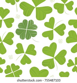 Seamless pattern with various clover leaves on white background