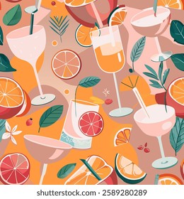 Seamless pattern with various cocktails and tropical fruits
