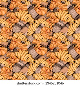 Seamless pattern with various coffee drinks and croissants. Illustration of coffee, muffins and croissants.