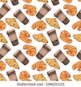 Seamless pattern with various coffee drinks and croissants on a white background. Illustration of coffee, muffins and croissants.