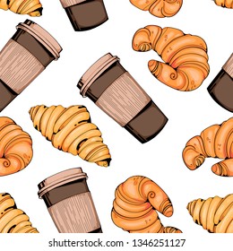 Seamless pattern with various coffee drinks and croissants on a white background. Illustration of coffee, muffins and croissants.