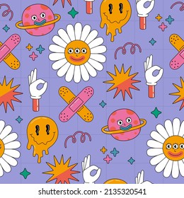Seamless pattern with various colored abstract shapes and funny comic characters, flowers, hands, rainbow in retro style. Hand drawn vector illustration on purple background. Modern flat cartoon style