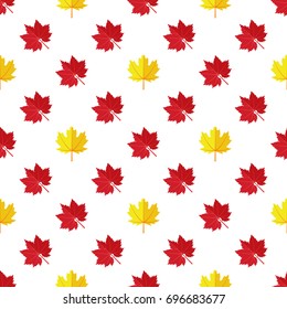 Seamless pattern with various colorful autumn leaves on a white background. Cartoon flat style vector illustration