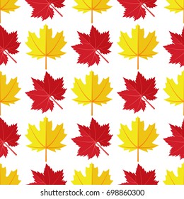 Seamless pattern with various colorful autumn leaves on a white background. Cartoon flat style vector illustration