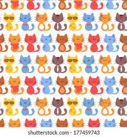 Seamless pattern with various colorful cartoon cats