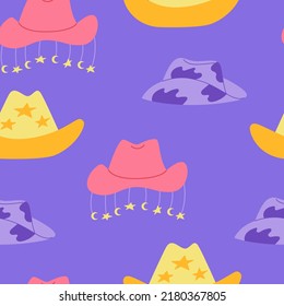 Seamless pattern with various and colorful cowboy hats. Vector backround in western, disco party concept. Cowgirl accessory