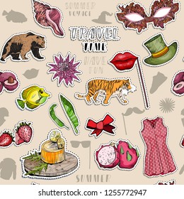 Seamless pattern with various colorful exotic objects. Paradise travel stickers. Vector illustration