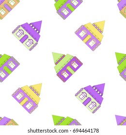 Seamless pattern with various colorful fabulous houses isolated on white background