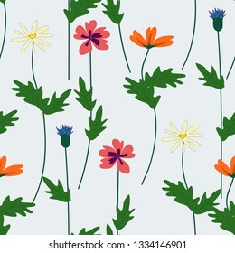 Seamless pattern with various colorful flower and leaf in flat cartoon style