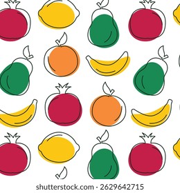 Seamless pattern of various colorful fruits: bananas, lemons, oranges, pomegranates and pears.