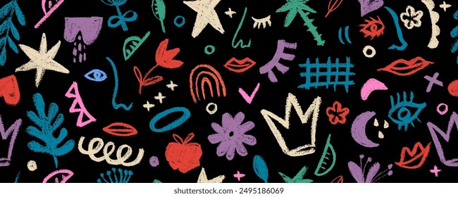 Seamless pattern with various colorful geometric shapes and abstract faces in style doodle. Modern aesthetic print, minimalism, contour line art. Vector illustration.