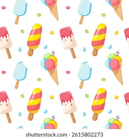 Seamless pattern with various colorful ice cream isolated on white background. Ice cream in waffle cone. Print for summer banners, packaging, wrapping, paper, cafe, street food. Vector illustration 