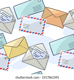 Seamless pattern with various colorful Mail envelopes. Mail and post office. For printing wrapping paper, wallpaper, packaging, fabric. Hand Drawn vector illustration.