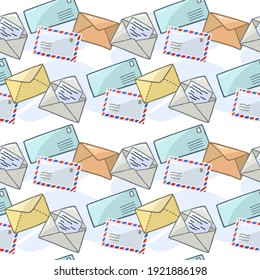 Patrón sin inconvenientes con varios sobres de correo coloridos. Correo y correo. Para imprimir papel envolvente, papel pintado, embalaje, tela. Ilustración vectorial dibujada a mano.