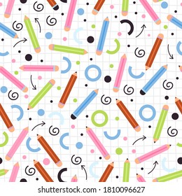 Seamless pattern with various colorful pencil and abstract element. Back to school illustration on white background.