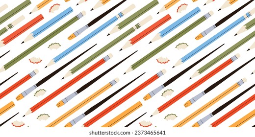 Seamless pattern with various colorful pencils and brushes. School stationery arranged diagonally in flat style. Vector stock illustration on white background. Print for wrapping paper and textiles.