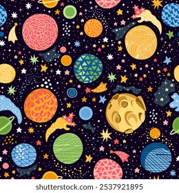 Seamless pattern with various colorful planets, stars and comets