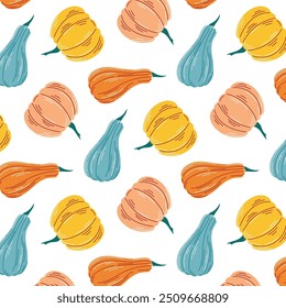 Patrón sin fisuras con varias calabazas de colores y calabazas en tonos cálidos de otoño. Estilo plano. Perfecto para el diseño de temas de otoño, ilustración de la cosecha o decoraciones de temporada. Vector sobre fondo blanco.