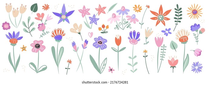 Seamless pattern of various colorful spring flowers, branches, foliage over white background. Vector artwork with collection of botanical elements for printing. Folk scandinavian style. Scandi pattern