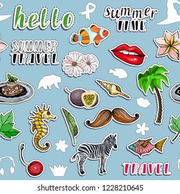 Seamless pattern with various colorful stickers. Traveling and paradise concept. Vector illustration