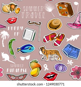 Seamless pattern with various colorful stickers. Summer traveling and paradise holiday concept. Vector illustration