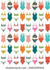 Seamless pattern with various colorful swimsuit. Vector background with fashionable bikini in flat style