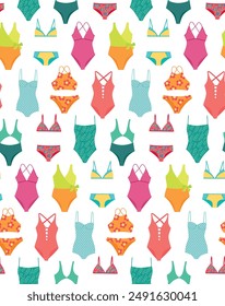 Seamless pattern with various colorful swimsuit. Vector background with fashionable bikini in flat style	